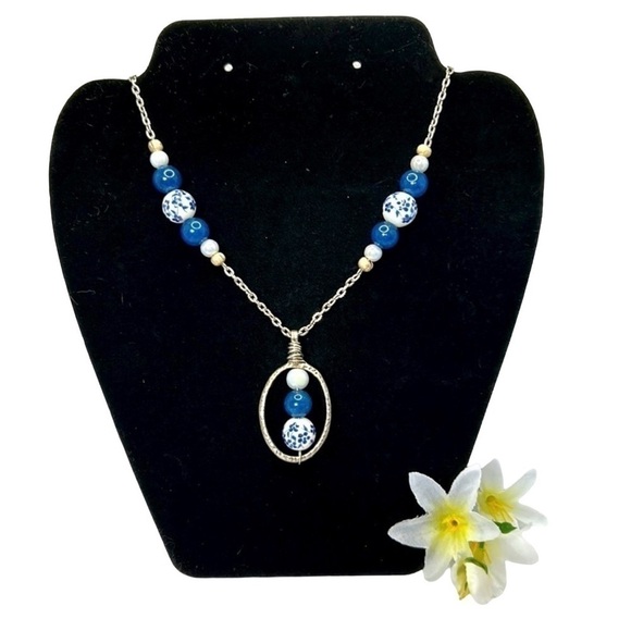 Handmade Ceramic/Floral Beaded Necklace - Picture 1 of 3